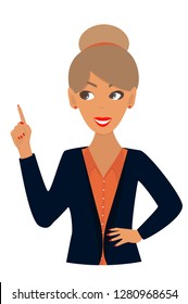 Business woman smiling pointing up isolated vector illustration. Business woman looking away isolated on white background