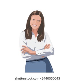 Business woman smiling and standing with folded arms, isolated realistic vector illustration