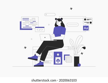 Business woman, smm manager, programmer, sit on infographic and work on laptop. Freelancer working on web and application development on computers. Software developers. Flat style vector illustration.