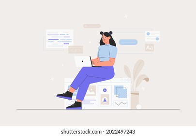 Business woman, smm manager, programmer, sit on infographic and work on laptop. Freelancer working on web and application development on computers. Software developers. Flat style vector illustration.