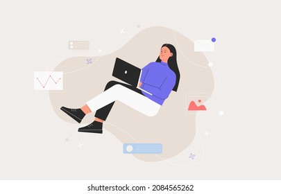 Business woman, smm manager, programmer, sit on infographic and work on laptop. Freelancer working on web and application development on computers. Software developers. Flat style vector illustration.