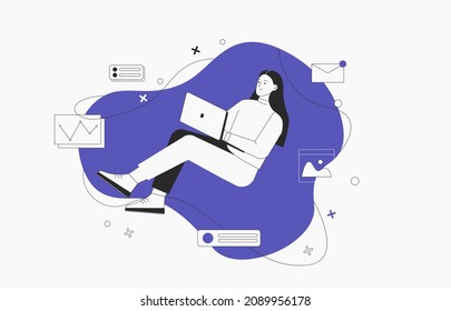Business woman, smm manager, programmer, sit on infographic and work on laptop. Freelancer working on web and application development on computers. Software developers. Flat style vector illustration.