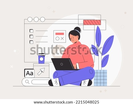 Business woman, smm manager, programmer, sit on infographic and work on laptop. Freelancer working on web and application development on computers. Software developers. Flat style vector illustration.