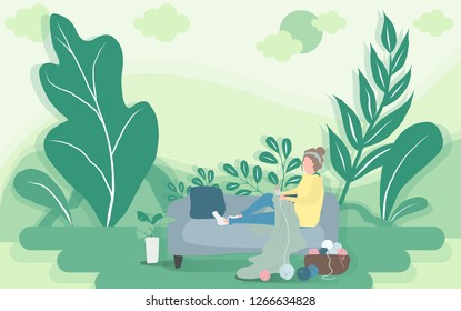 Business woman at the sofa is working knitting, wool. Vector illustration in flat style. 
