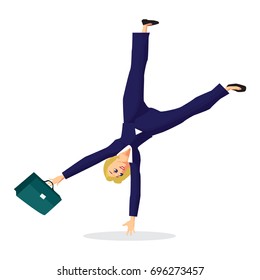 Business woman somersaults over her head. Joy and happiness from luck. Vector flat design illustration isolated on white background