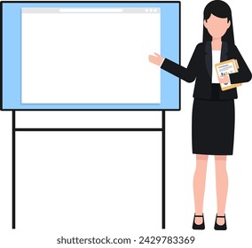 Business woman speaker presenting or teaching pose in front of a projector screen for message, Digital screen presentation by computer.