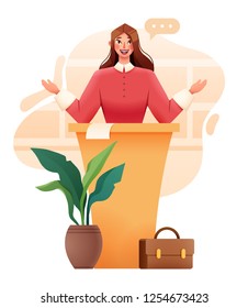 Business Woman Speaker Sanding At Tribune. Vector Illustration