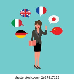 Business woman speaking many different languages. Multi language translator concept illustration. Vector illustration