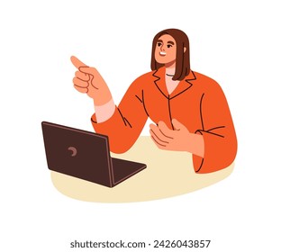 Business woman speaking, sitting at laptop. Female office worker talking at workplace, works online.Employee gesturing at notebook computer. Flat vector illustration isolated on white background