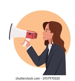 Business woman speaking through megaphone. Vector illustration in a flat style