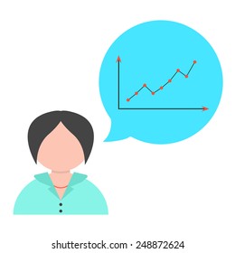 business woman with speech bubble and graph. concept of report, sales growth, achievement and business development. isolated on white background. flat style trendy modern design vector illustration