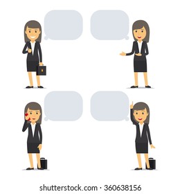 Business woman with speech bubbles in different poses. Vector illustration.