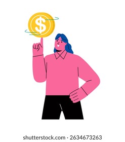 Business woman spins coin on finger. Flat vector illustration isolated on white 