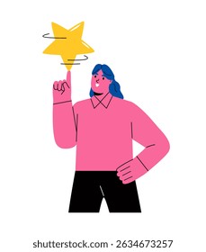 Business woman spins star on finger. Flat vector illustration isolated on white