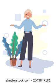 A business woman spreads her hands to the sides. Vector illustration in a flat style.