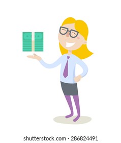 Business woman with a stack of dollars. Flat design. Vector illustration. Isolated on white background.