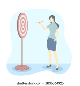 Business woman stand hold the dart and aim at the target.Flat design style.Isolated on white background.Vector illustration about plan and vision.