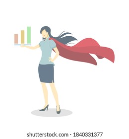 Business woman stand and hold infographic graph.Concept super hero of business.Flat design style,isolated on white background.Vector illustration about business and financial.