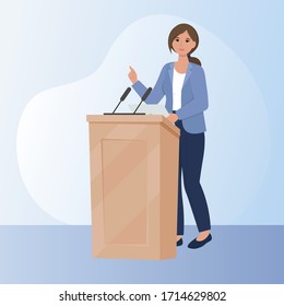 Business Woman stand near podium, speak into microphone. Female politician, business training, woman teacher. Vector illustration in flat style