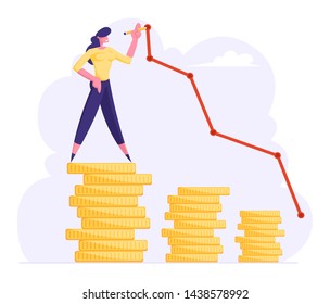 Business Woman Stand on Top of Golden Coin Stack Drawing Growing Curve Line. Finance Success, Money Wealth Concept, Growth Financial Profit Diagram, Investment, Income Cartoon Flat Vector Illustration