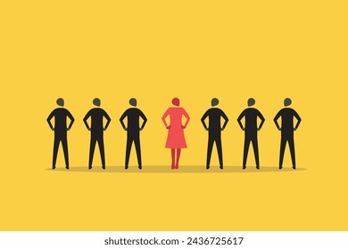 Business woman standing among business man. concept of leadership, gap, and opportunity