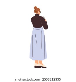 Mujer de negocios de pie, vista trasera trasera. Empleada femenina, trabajadora de oficina por detrás, por detrás. Gerente ejecutivo Corporativa, profesional, jefe. Ilustración vectorial plana aislada sobre fondo blanco