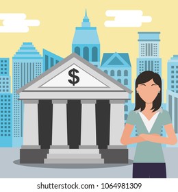 business woman standing at the bank building finance institution with city background