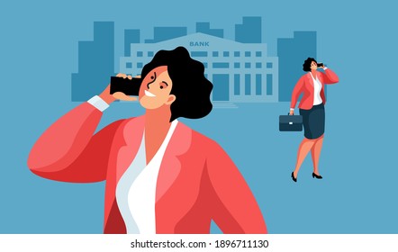 Business woman standing by the bank and speaking on the phone, looking up. Female cartoon character with briefcase and smartphone. Vector illustration