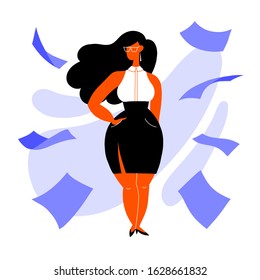 A business woman is standing in a confident pose in an office blouse and skirt, paper is scattered behind her. Flat bright vector illustration, minimal style.