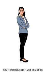 Business woman standing in confident pose with her arms crossed. Lady boss wearing smart casual office clothes, blue jacket and black pants. Vector outline colored drawing isolated.