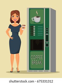 Business woman standing with cup of coffee close to coffee vending machine. Coffee break. Businesswoman vector illustration 