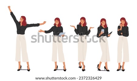 Business Woman Standing in Different Poses. Female Character in Formal Wear Raises Arms, Angry Boss with Laptop, Confused Shrug Gesture, Upset Face Expression. Cartoon People Vector Illustration