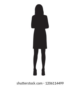 Business woman standing with folded arms. Slim elegant lady, isolated vector silhouette, front view