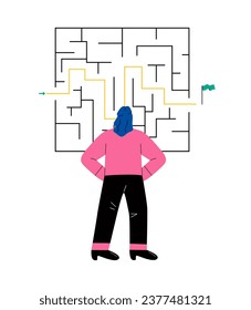 Business woman standing in front of a maze with a solution to success. Flat vector illustration isolated on white background
