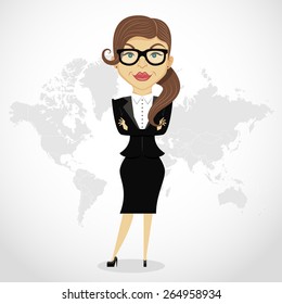 A business woman standing in front of a world map