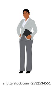 Mujer de negocios de pie de cuerpo entero dibujo de contorno de color. Chica bonita con ropa formal de oficina, traje gris. Dibujado a mano ilustración de boceto de Vector aislado sobre fondo blanco.