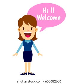 Business woman standing and greeting with a smile, saying welcome with speech bubble