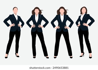 Mujer de negocios de pie con las manos en la cintura. Un grupo de mujeres de negocios posando con las manos en las caderas. ilustración de personaje de negocios femenino aislado sobre fondo blanco.