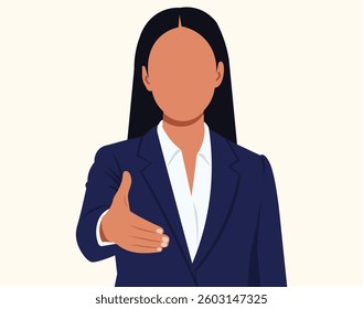 Business woman standing with her hand outstretched for a handshake illustration.