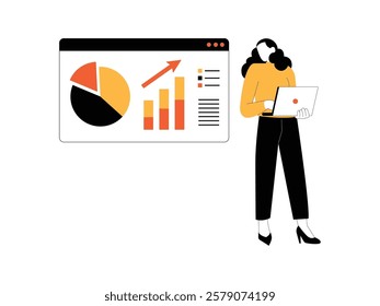 Business woman standing with her laptop working on some projects and monitoring analysis and charts.
design, vector, illustration