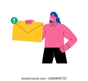 Business woman standing and holding a large envelope. Flat vector illustration isolated on white background