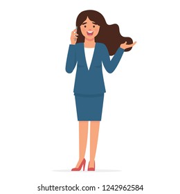 business woman standing and holding phone, woman make a phone call, woman talking on the mobile phone