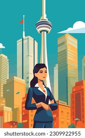 Business woman standing infront of tall building in toronto, Canada Flag Illustration with beautiful scenery, Red Autumn Leaf background, Happy Canada Day, Vector Illustration, Forest View