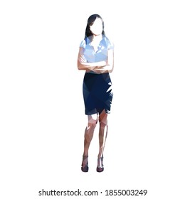 Business woman standing, isolated low polygonal vector illustration. Front view, geometric abstract drawing