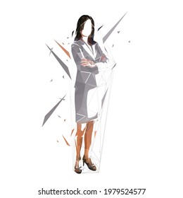 Business woman standing, isolated low polygonal vector illustration. Front view, geometric drawing of female office worker