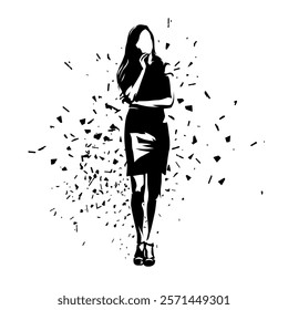 Business woman standing, isolated vector silhouette with dispersion effect