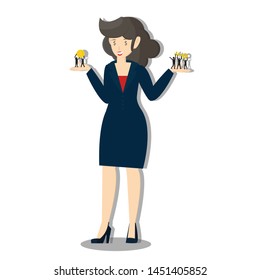 Business woman standing with key and coin. Vector illustration in a flat style.