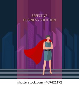 Business woman standing like a hero, vector business illustration