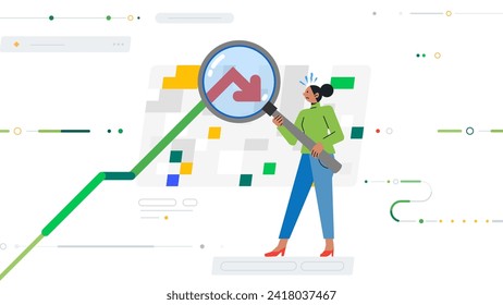 Business woman standing with magnifying glass on Stock market chart monitoring statistics financial graph report female girl illustration vector flat