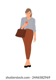 Business woman standing with mobile phone vector. 